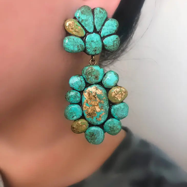 The Teton Earrings - Turquoise Stone W/Gold Flakes & Fringe