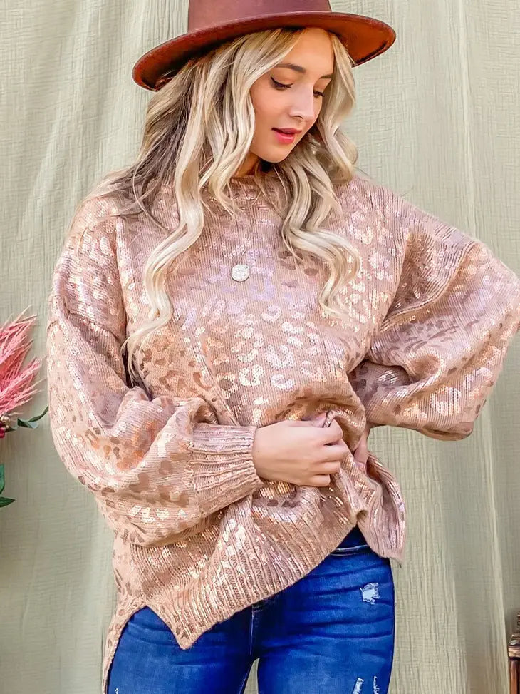 Pink Gold Leopard Printed Balloon Sleeve Sweater